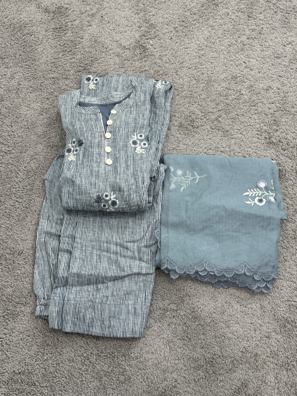 Striped Embroidered Kurta Set in Dusty Blue